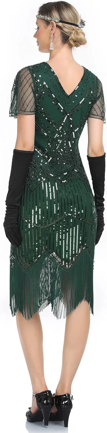 PrettyGuide Women's 1920s Flapper Dress Short Sleeve Glitter Sequin Inspired Fringed Party Cocktail Dresses