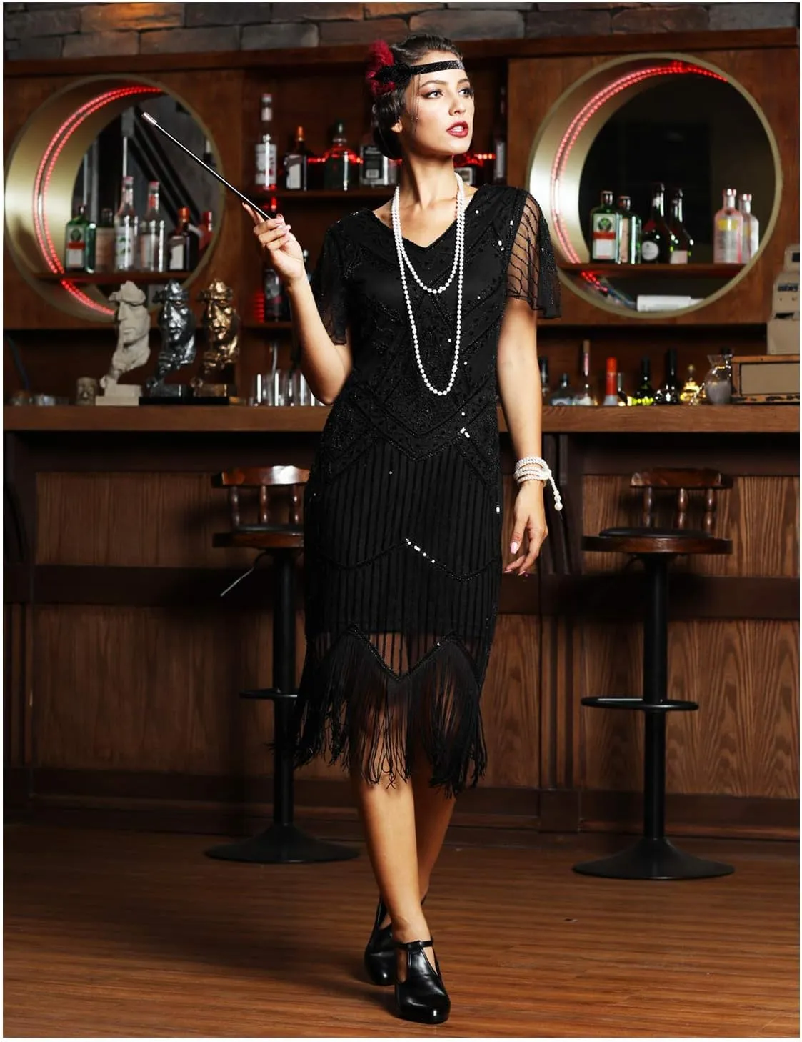 PrettyGuide Women's 1920s Flapper Dress Short Sleeve Glitter Sequin Inspired Fringed Party Cocktail Dresses