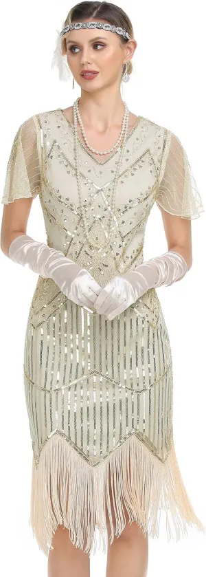 PrettyGuide Women's 1920s Flapper Dress Short Sleeve Glitter Sequin Inspired Fringed Party Cocktail Dresses