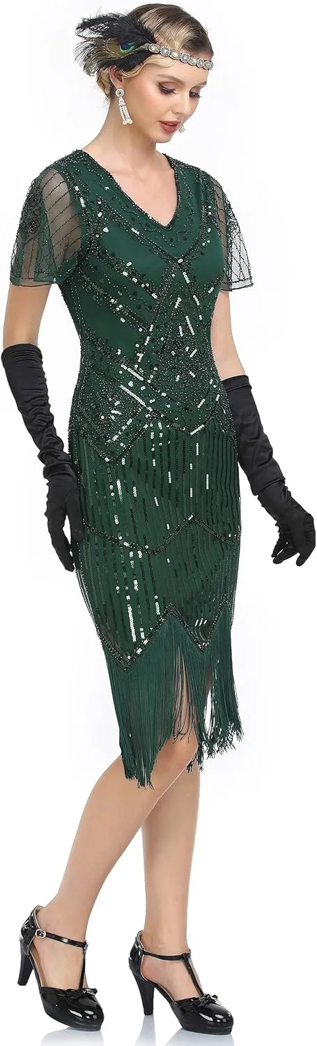 PrettyGuide Women's 1920s Flapper Dress Short Sleeve Glitter Sequin Inspired Fringed Party Cocktail Dresses