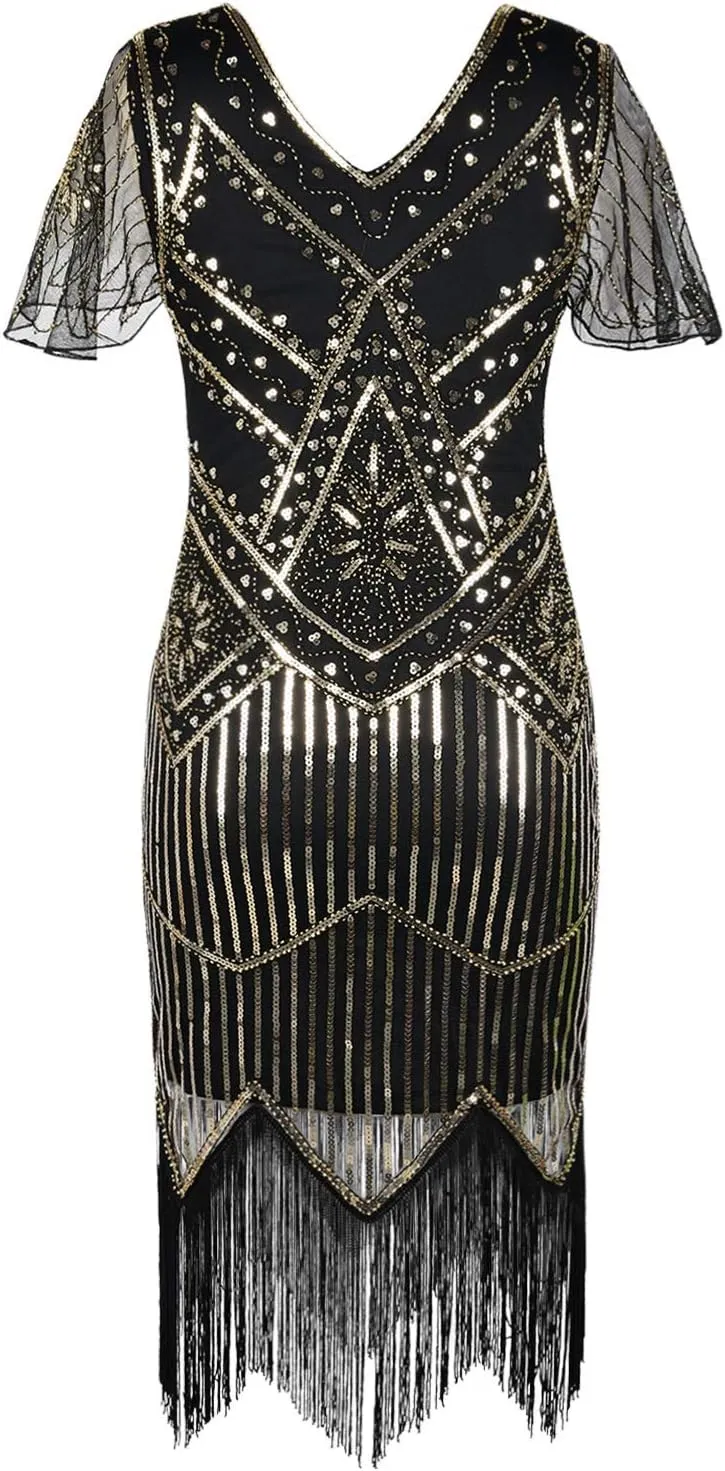 PrettyGuide Women's 1920s Flapper Dress Short Sleeve Glitter Sequin Inspired Fringed Party Cocktail Dresses