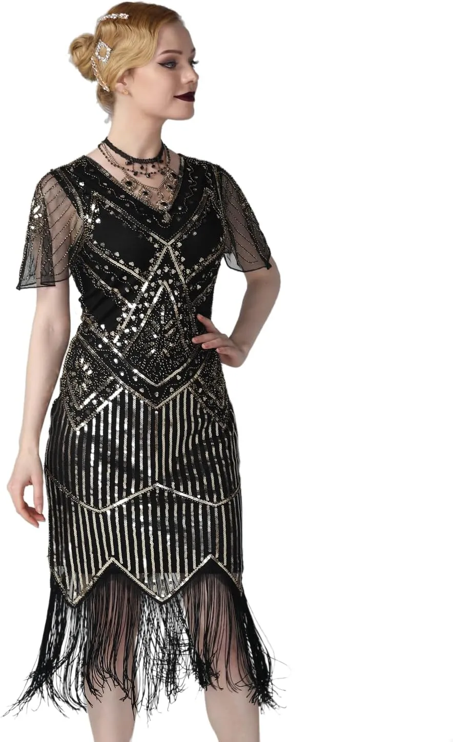 PrettyGuide Women's 1920s Flapper Dress Short Sleeve Glitter Sequin Inspired Fringed Party Cocktail Dresses