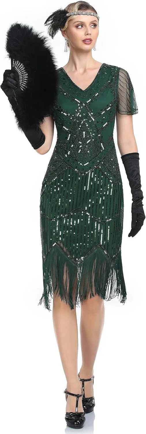 PrettyGuide Women's 1920s Flapper Dress Short Sleeve Glitter Sequin Inspired Fringed Party Cocktail Dresses