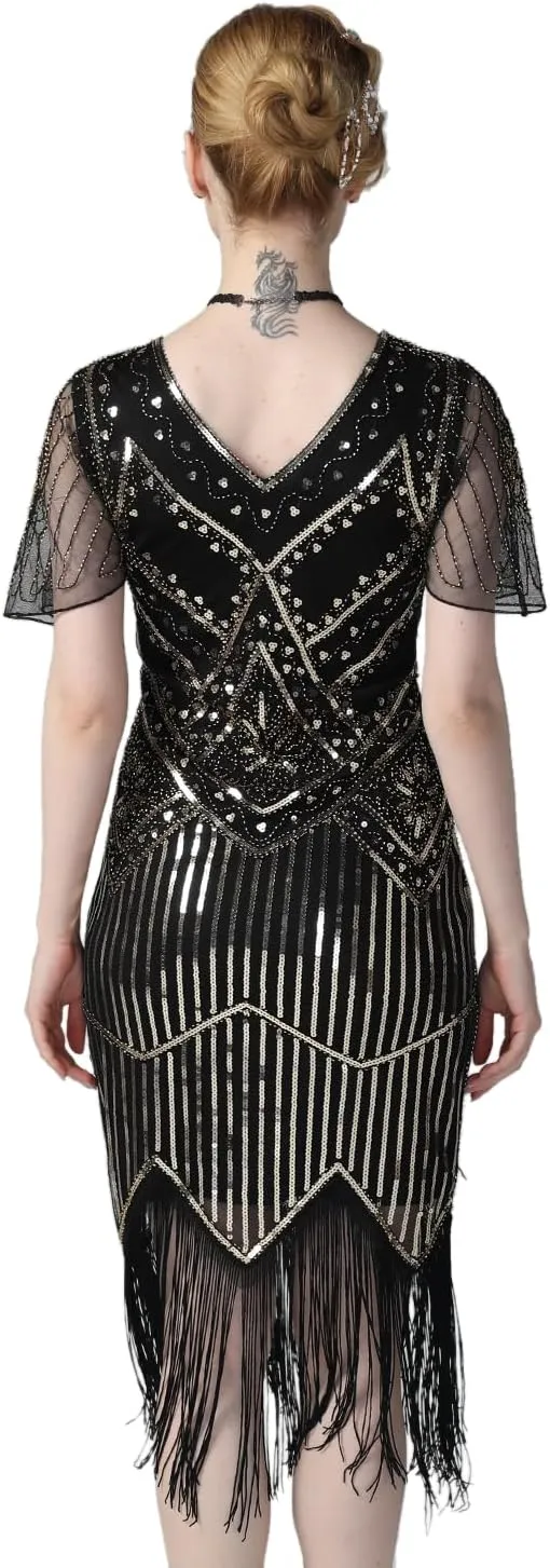 PrettyGuide Women's 1920s Flapper Dress Short Sleeve Glitter Sequin Inspired Fringed Party Cocktail Dresses