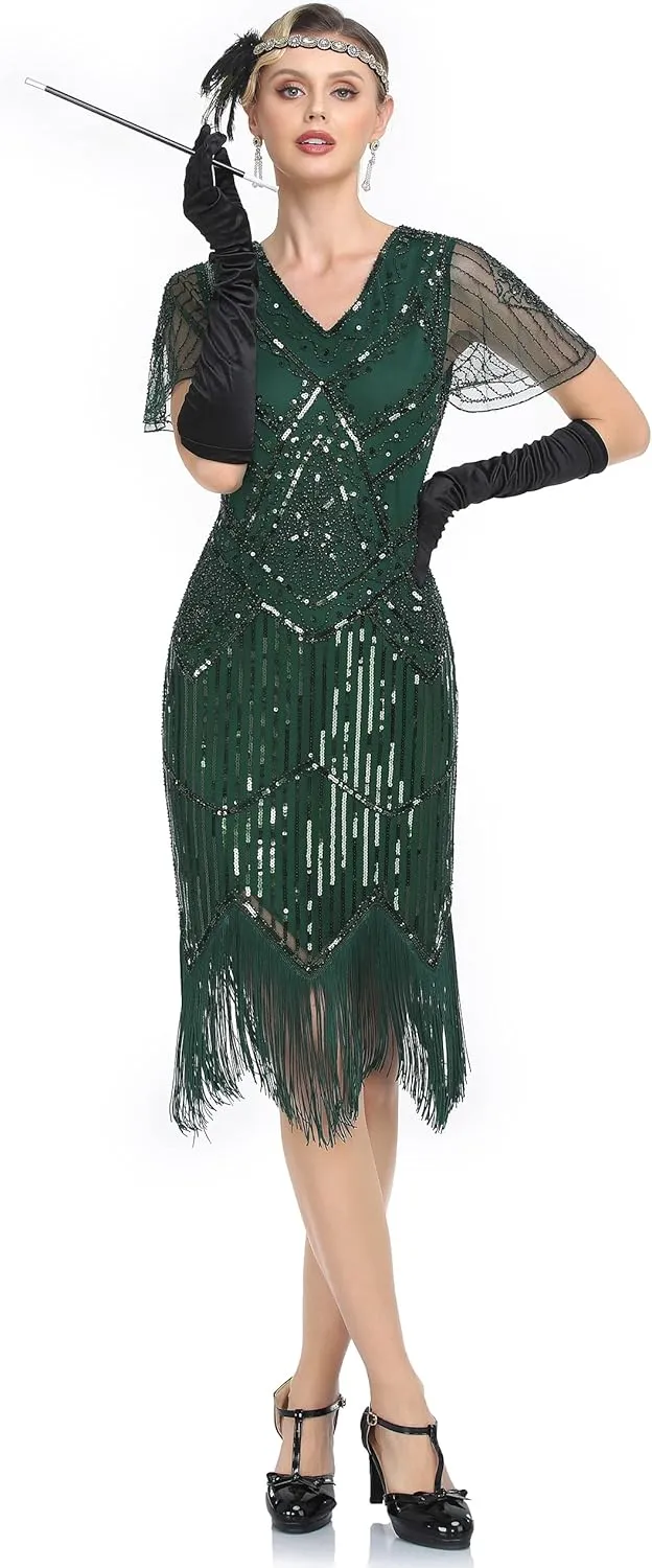 PrettyGuide Women's 1920s Flapper Dress Short Sleeve Glitter Sequin Inspired Fringed Party Cocktail Dresses