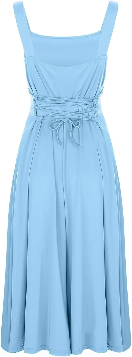 PTOLOCIF Women's Solid Color Thick Shoulder Strap Slim Fit Lace Up Waist Dress Casual Skirt Womens Beach Casual Dresses