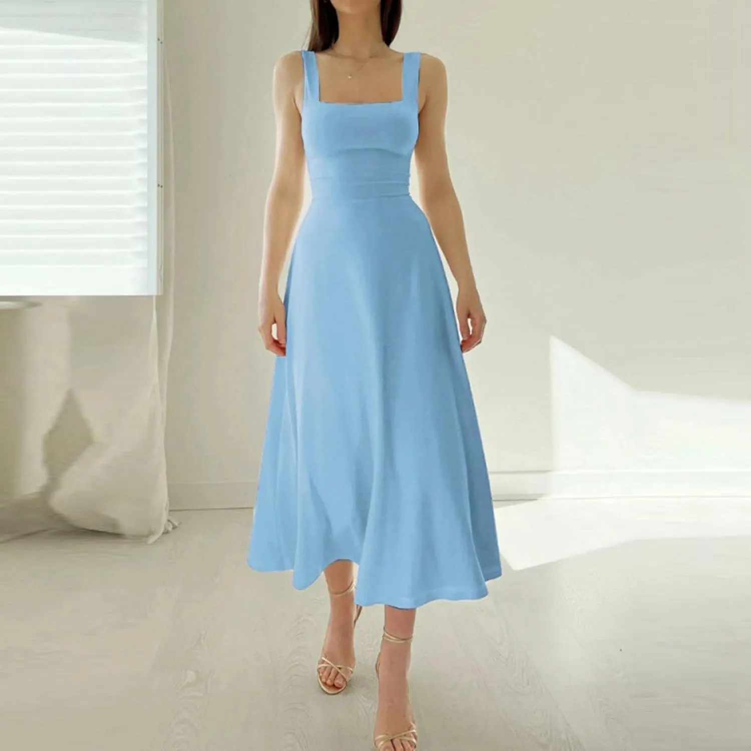 PTOLOCIF Women's Solid Color Thick Shoulder Strap Slim Fit Lace Up Waist Dress Casual Skirt Womens Beach Casual Dresses