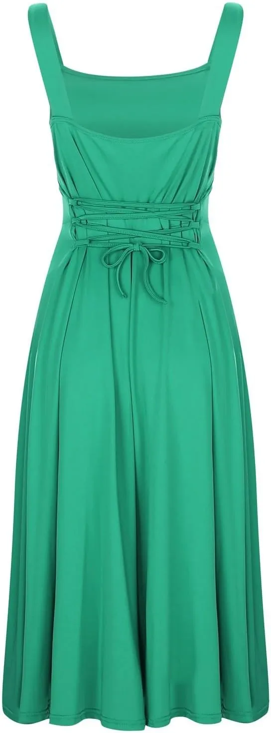 PTOLOCIF Women's Solid Color Thick Shoulder Strap Slim Fit Lace Up Waist Dress Casual Skirt Womens Beach Casual Dresses