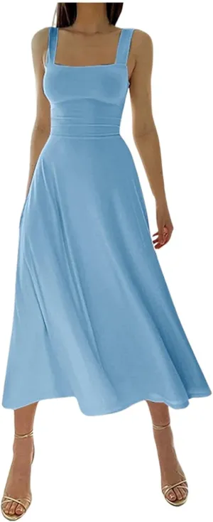 PTOLOCIF Women's Solid Color Thick Shoulder Strap Slim Fit Lace Up Waist Dress Casual Skirt Womens Beach Casual Dresses