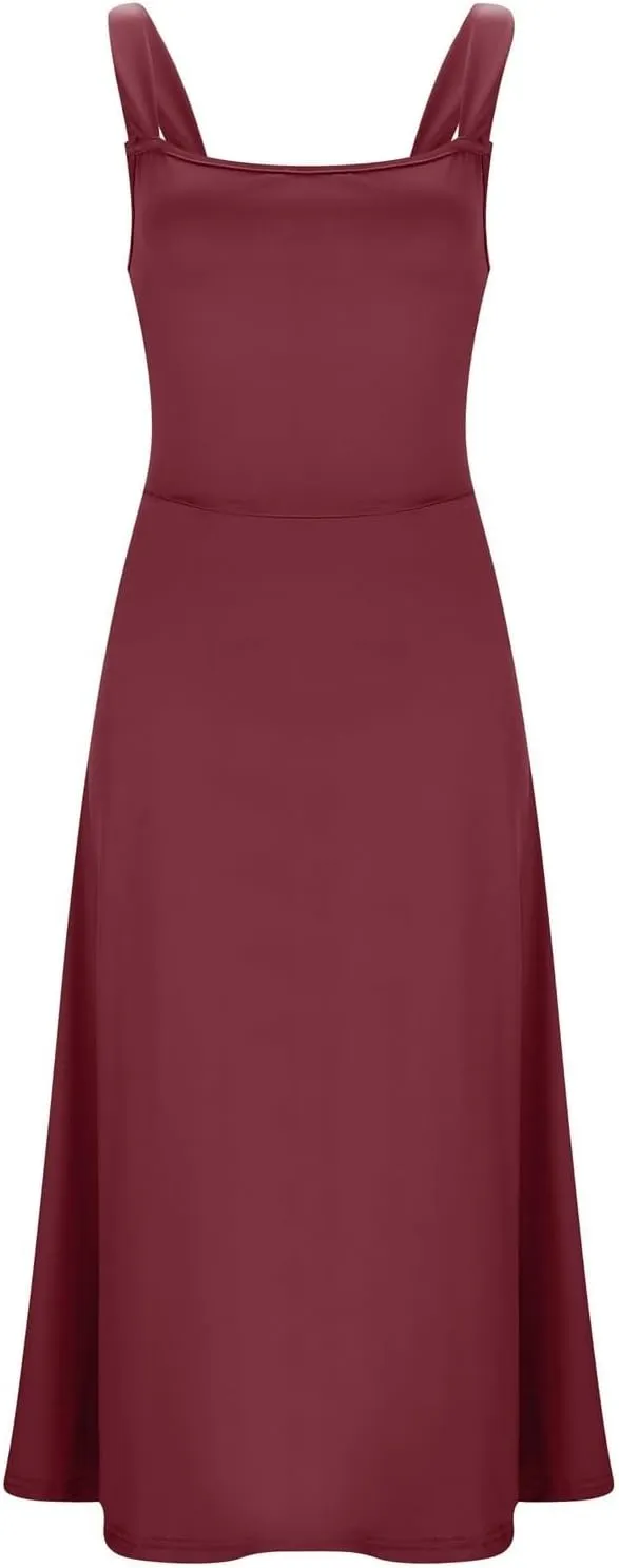 PTOLOCIF Women's Solid Color Thick Shoulder Strap Slim Fit Lace Up Waist Dress Casual Skirt Womens Beach Casual Dresses