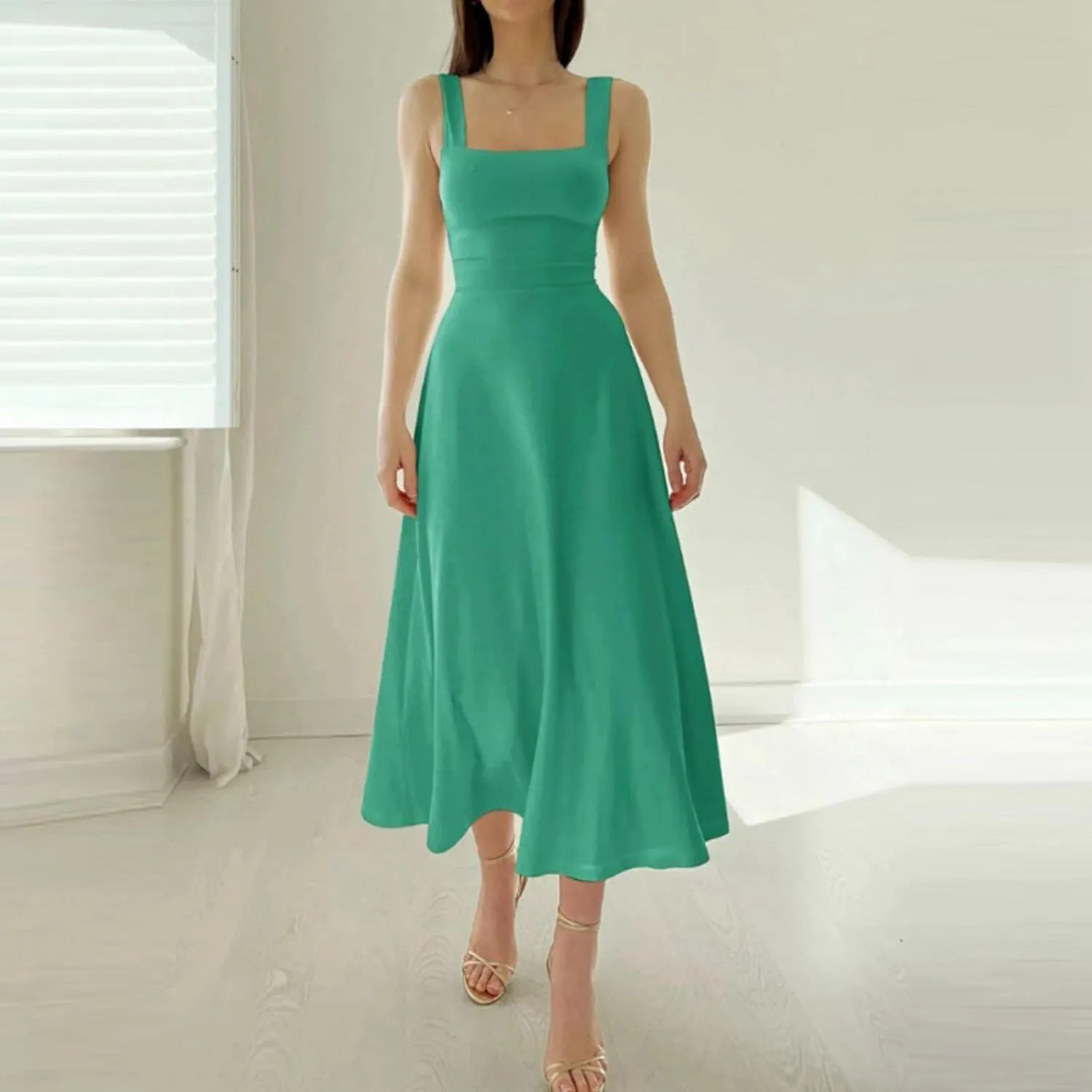 PTOLOCIF Women's Solid Color Thick Shoulder Strap Slim Fit Lace Up Waist Dress Casual Skirt Womens Beach Casual Dresses