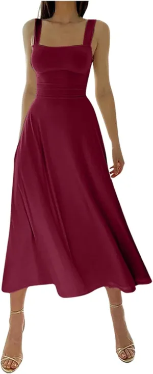 PTOLOCIF Women's Solid Color Thick Shoulder Strap Slim Fit Lace Up Waist Dress Casual Skirt Womens Beach Casual Dresses