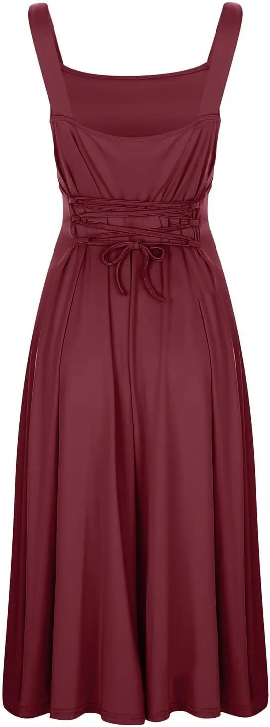 PTOLOCIF Women's Solid Color Thick Shoulder Strap Slim Fit Lace Up Waist Dress Casual Skirt Womens Beach Casual Dresses