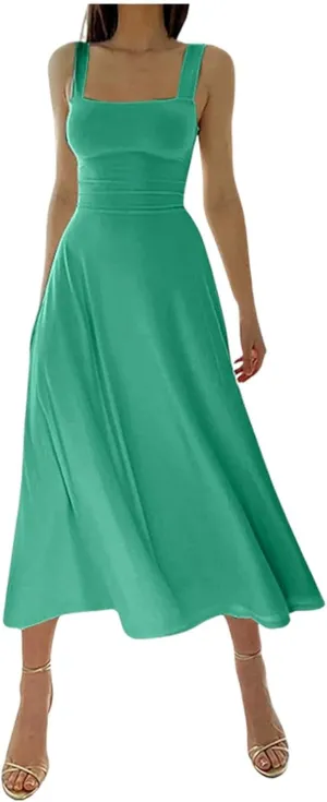 PTOLOCIF Women's Solid Color Thick Shoulder Strap Slim Fit Lace Up Waist Dress Casual Skirt Womens Beach Casual Dresses