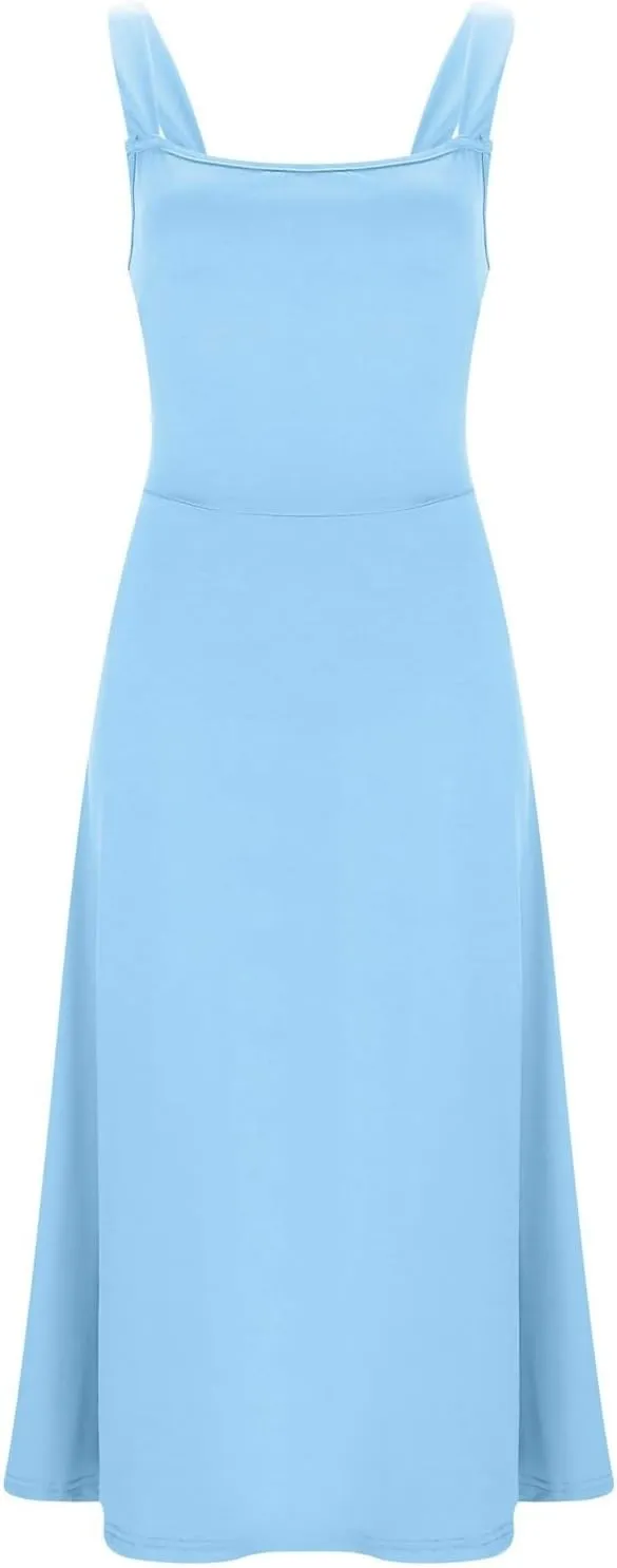PTOLOCIF Women's Solid Color Thick Shoulder Strap Slim Fit Lace Up Waist Dress Casual Skirt Womens Beach Casual Dresses