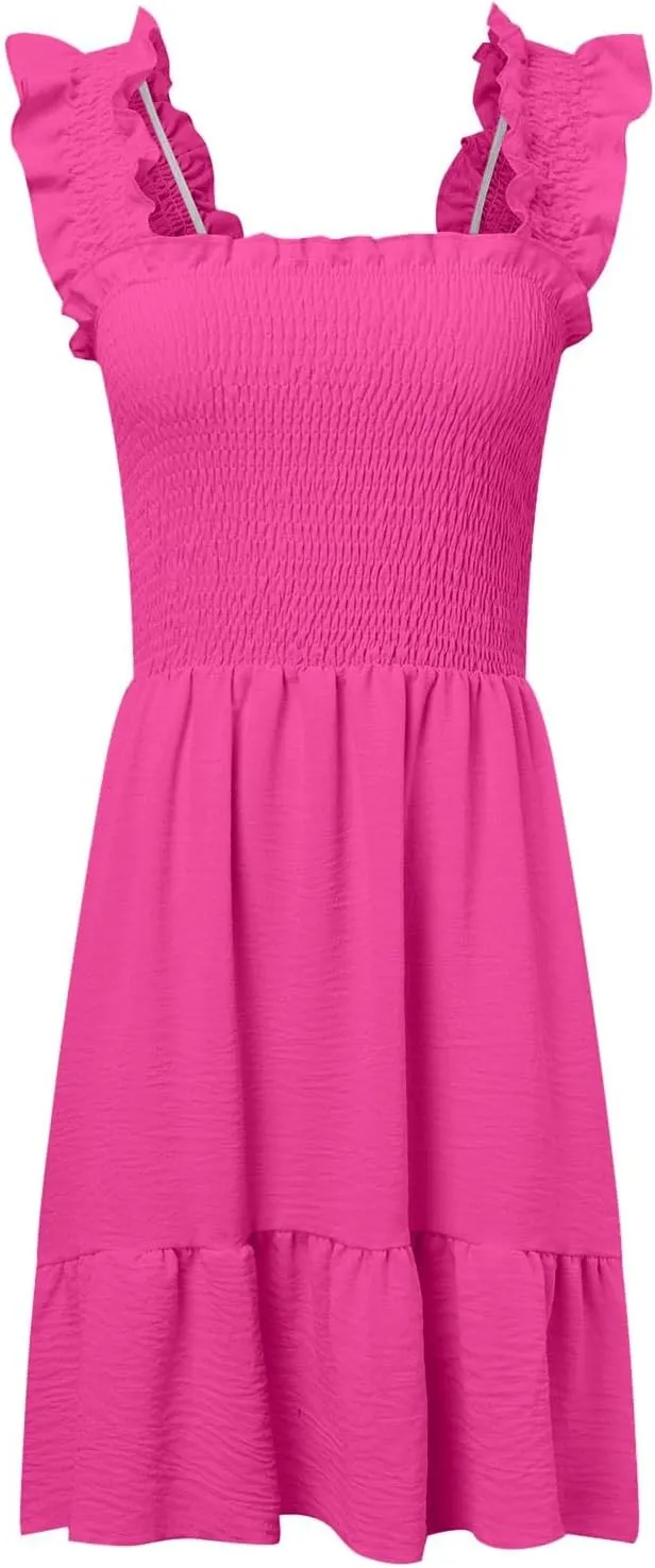 PTOLOCIF Womens Summer Casual Sleeveless Square Neck Smocked Ruffle Backless Boho Short Mini Casual Fall Work Dresses for