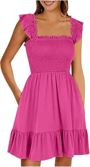 PTOLOCIF Womens Summer Casual Sleeveless Square Neck Smocked Ruffle Backless Boho Short Mini Casual Fall Work Dresses for