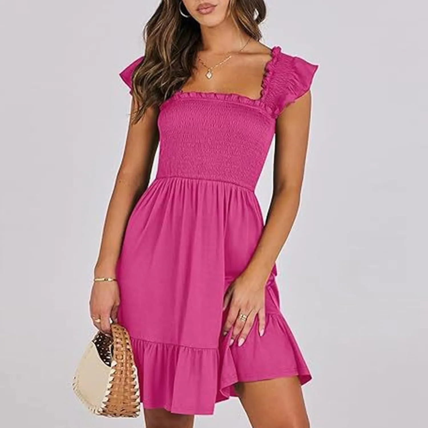 PTOLOCIF Womens Summer Casual Sleeveless Square Neck Smocked Ruffle Backless Boho Short Mini Casual Fall Work Dresses for