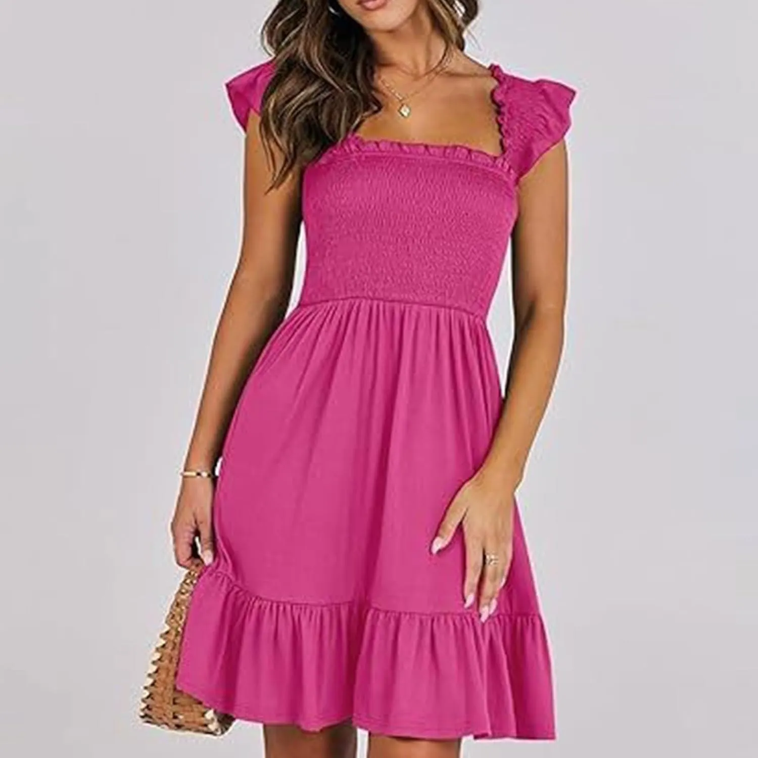 PTOLOCIF Womens Summer Casual Sleeveless Square Neck Smocked Ruffle Backless Boho Short Mini Casual Fall Work Dresses for