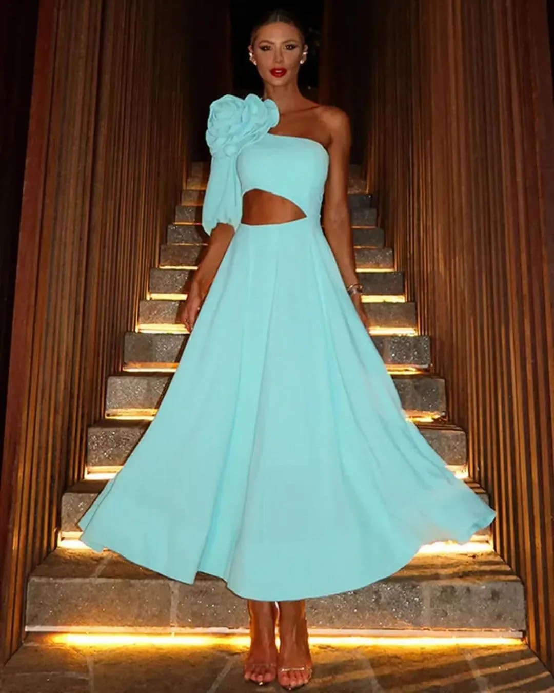 RanRui Women's 3D Flower Cut Out one Shoulder Elegant Wedding Guest Dresses Formal Dresses