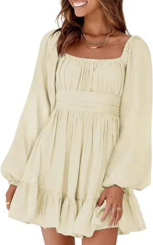 RanRui Womens Ruffle Elastic Waist A-Line Mini Dress Long Lantern Sleeve Square Neck Bow Tie Backless Sexy Pary Dress