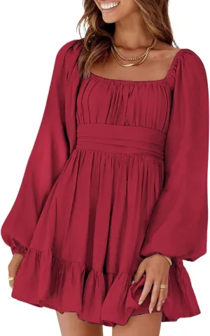 RanRui Womens Ruffle Elastic Waist A-Line Mini Dress Long Lantern Sleeve Square Neck Bow Tie Backless Sexy Pary Dress