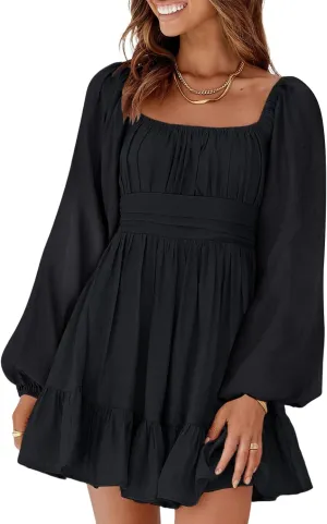 RanRui Womens Ruffle Elastic Waist A-Line Mini Dress Long Lantern Sleeve Square Neck Bow Tie Backless Sexy Pary Dress