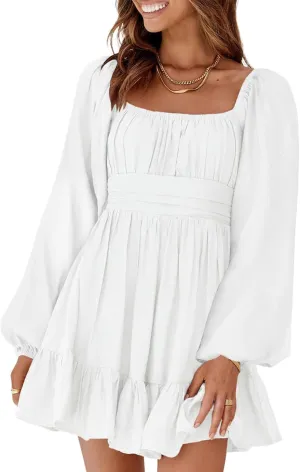 RanRui Womens Ruffle Elastic Waist A-Line Mini Dress Long Lantern Sleeve Square Neck Bow Tie Backless Sexy Pary Dress