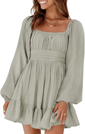 RanRui Womens Ruffle Elastic Waist A-Line Mini Dress Long Lantern Sleeve Square Neck Bow Tie Backless Sexy Pary Dress