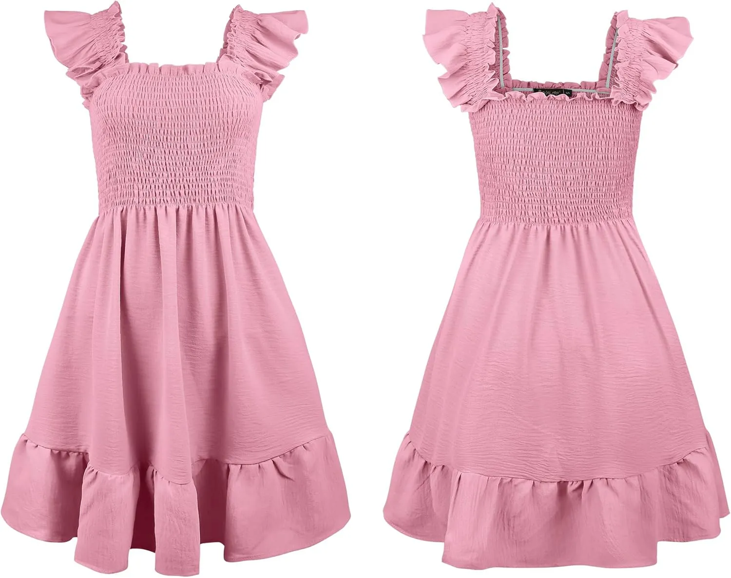 ROYLAMP Women's Smocked Dresses Square Neck Elegant Tiered Boho Ruffle Shoulder Swing Flowy Summer Casual Mini Dress
