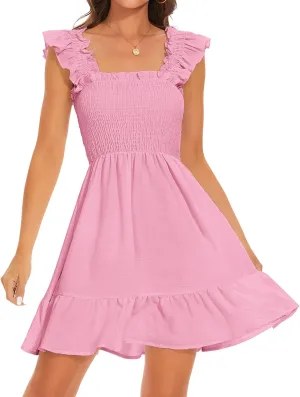 ROYLAMP Women's Smocked Dresses Square Neck Elegant Tiered Boho Ruffle Shoulder Swing Flowy Summer Casual Mini Dress