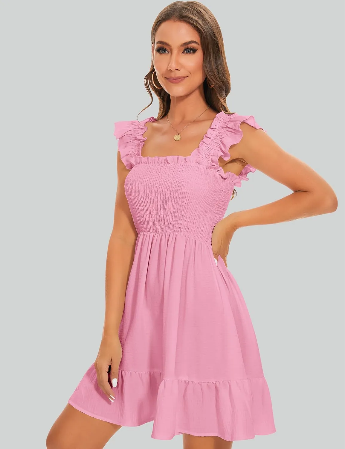 ROYLAMP Women's Smocked Dresses Square Neck Elegant Tiered Boho Ruffle Shoulder Swing Flowy Summer Casual Mini Dress