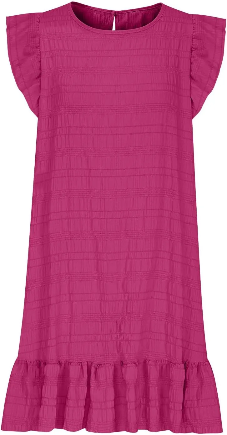 Ruffle Sleeve Mini Dress for Women Casual Crew Neck Lightweight Summer Tunic Dresses with Flowy Hem and Solid Color