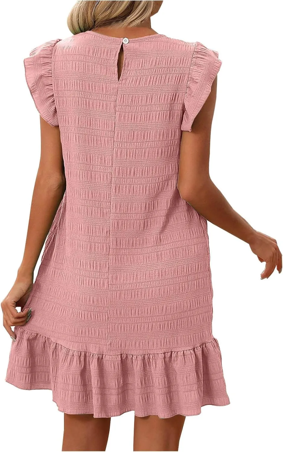 Ruffle Sleeve Mini Dress for Women Casual Crew Neck Lightweight Summer Tunic Dresses with Flowy Hem and Solid Color