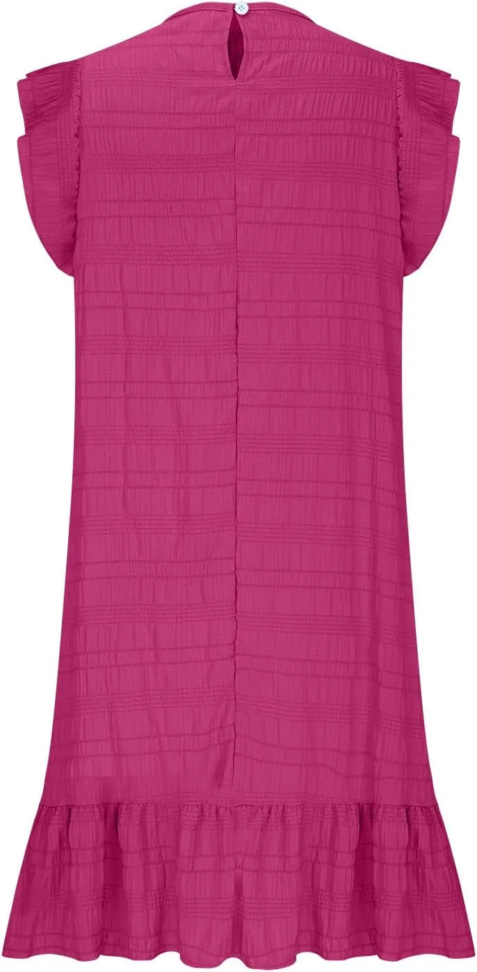 Ruffle Sleeve Mini Dress for Women Casual Crew Neck Lightweight Summer Tunic Dresses with Flowy Hem and Solid Color