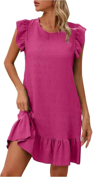 Ruffle Sleeve Mini Dress for Women Casual Crew Neck Lightweight Summer Tunic Dresses with Flowy Hem and Solid Color
