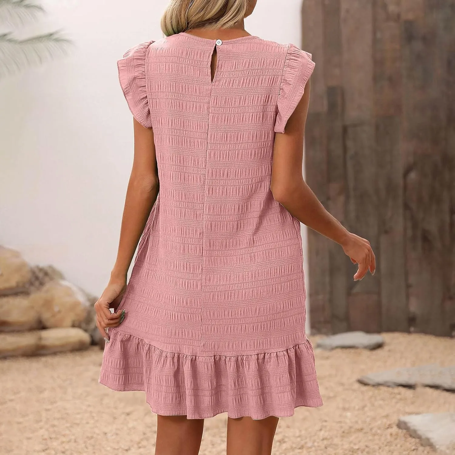 Ruffle Sleeve Mini Dress for Women Casual Crew Neck Lightweight Summer Tunic Dresses with Flowy Hem and Solid Color