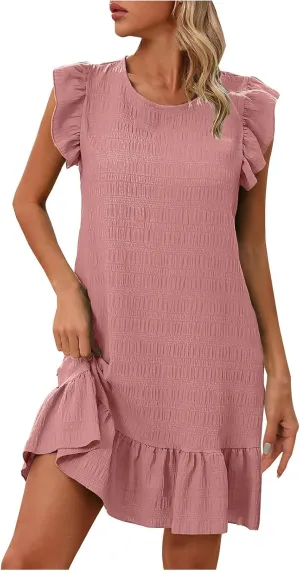 Ruffle Sleeve Mini Dress for Women Casual Crew Neck Lightweight Summer Tunic Dresses with Flowy Hem and Solid Color