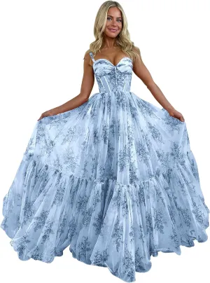 Ruffly Floral Chiffon Prom Dresses 2025 for Teens Sweetheart Corset Straps Formal Evening Party Gown