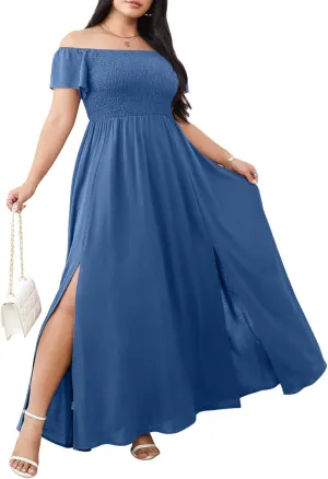 RWJ Womens Plus Size Wedding Guest Dress Summer Off Shoulder Short Sleeve Party Cocktail A-Line Split Long Maxi Dresses