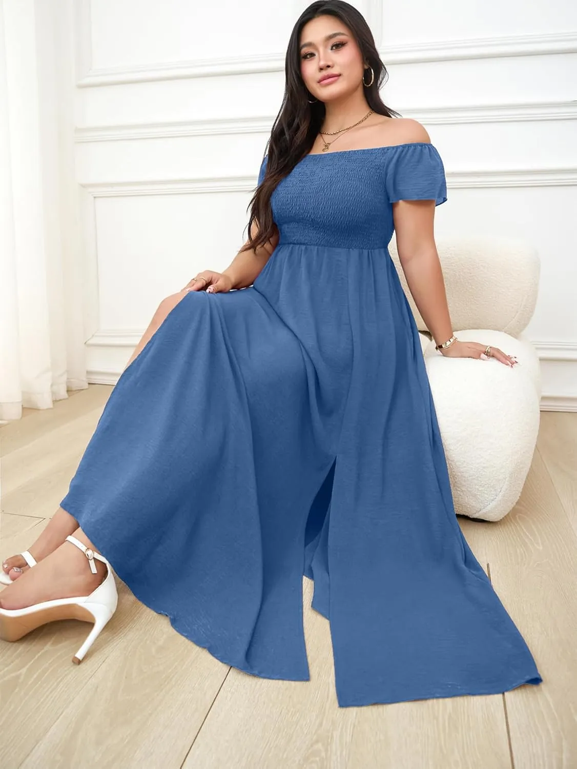 RWJ Womens Plus Size Wedding Guest Dress Summer Off Shoulder Short Sleeve Party Cocktail A-Line Split Long Maxi Dresses
