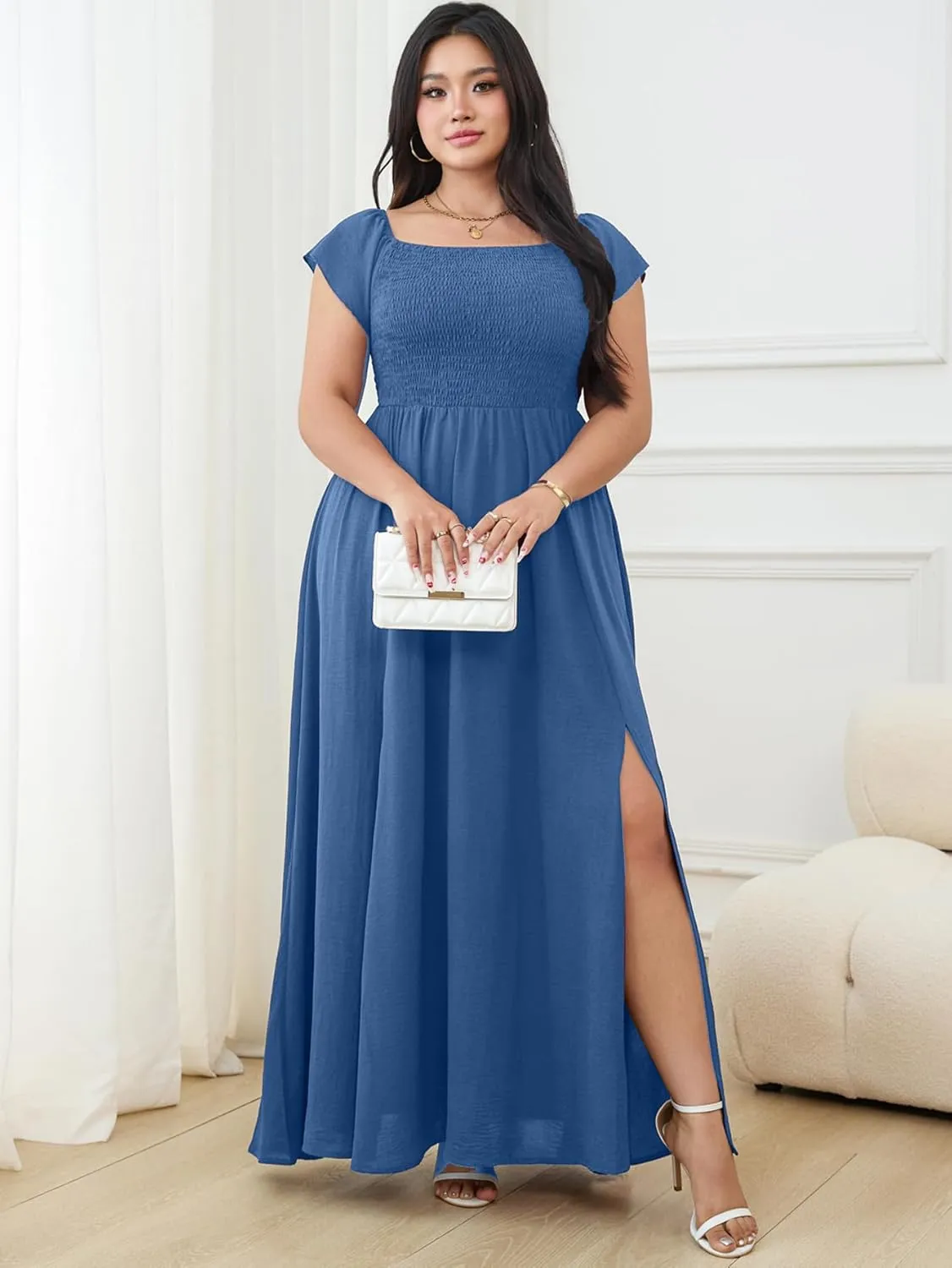 RWJ Womens Plus Size Wedding Guest Dress Summer Off Shoulder Short Sleeve Party Cocktail A-Line Split Long Maxi Dresses