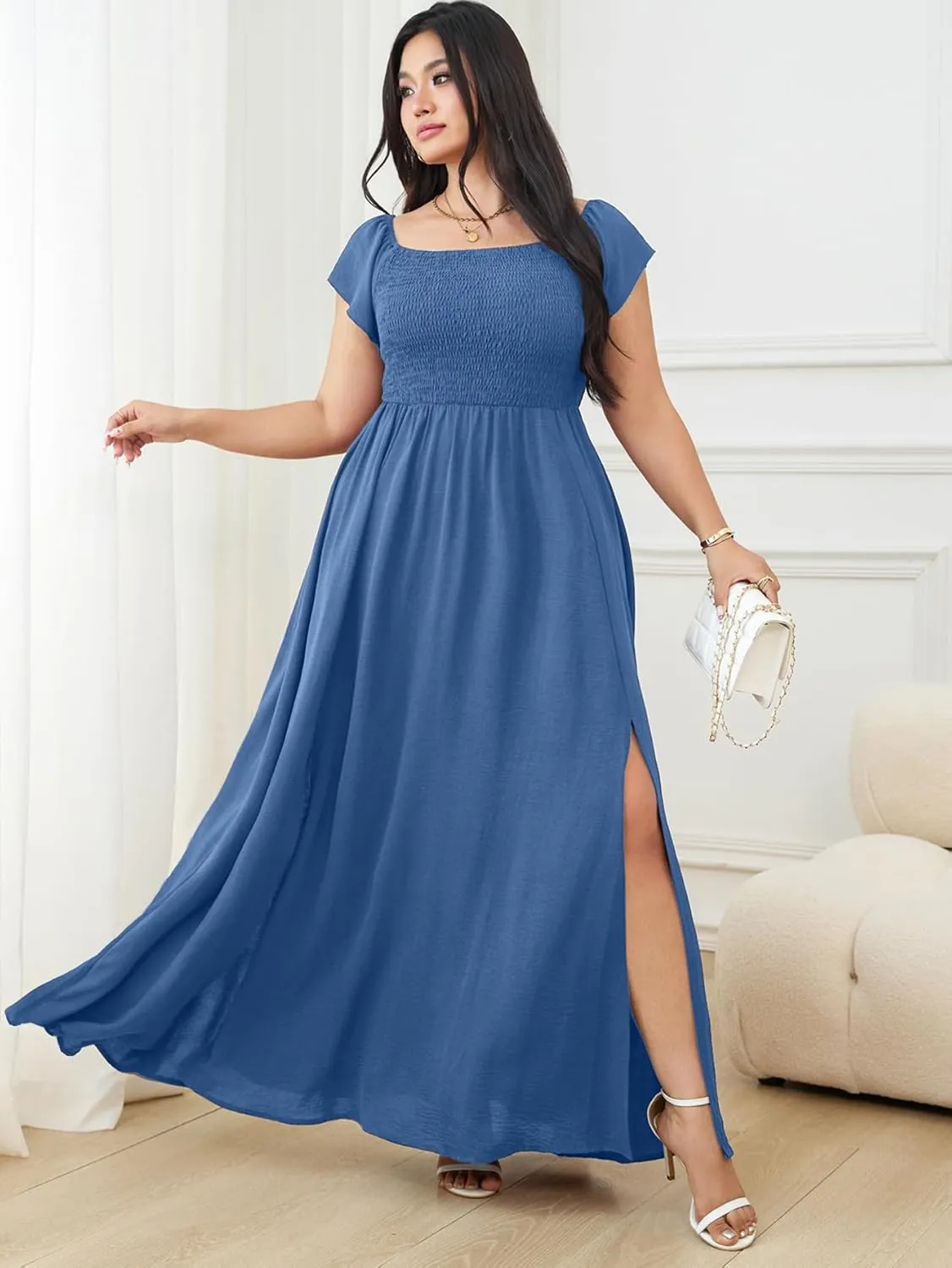 RWJ Womens Plus Size Wedding Guest Dress Summer Off Shoulder Short Sleeve Party Cocktail A-Line Split Long Maxi Dresses