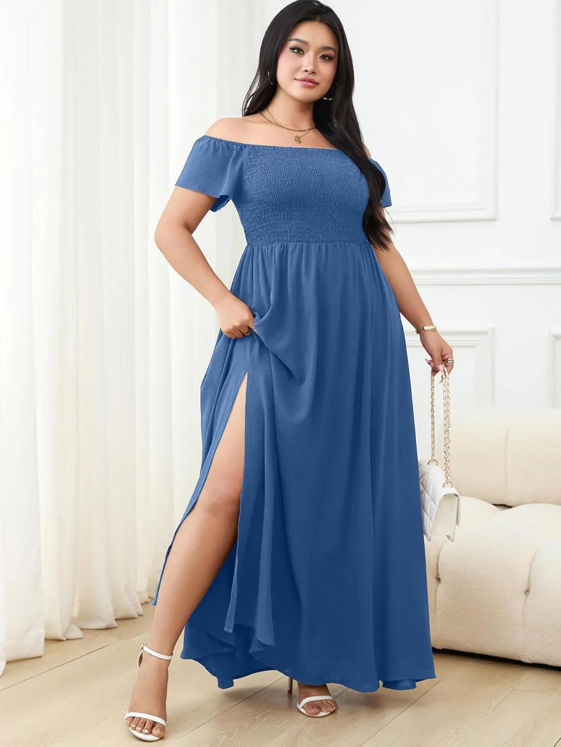 RWJ Womens Plus Size Wedding Guest Dress Summer Off Shoulder Short Sleeve Party Cocktail A-Line Split Long Maxi Dresses