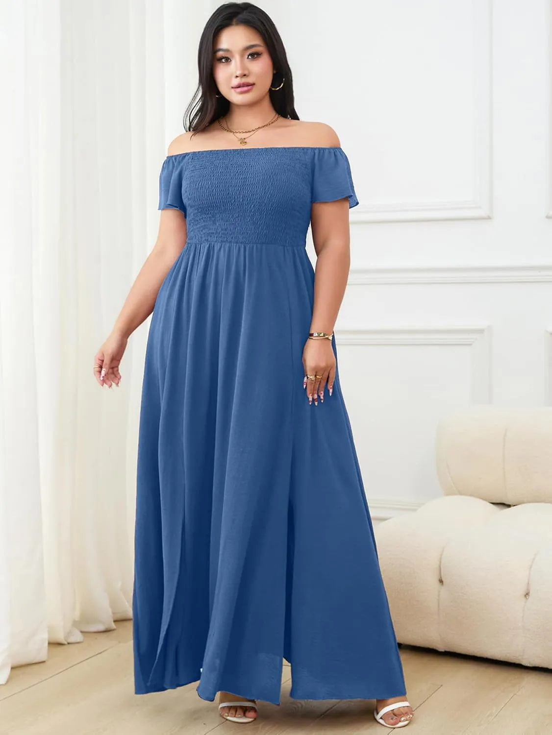 RWJ Womens Plus Size Wedding Guest Dress Summer Off Shoulder Short Sleeve Party Cocktail A-Line Split Long Maxi Dresses