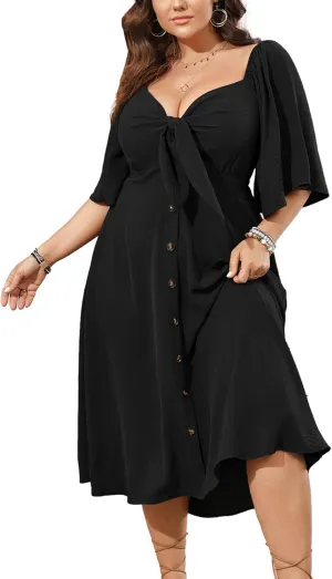 SCOMCHIC Plus Size Summer Dress Casual Short Sleeve Bow Tie Deep V Neck Smocked Button Down Midi Flowy A-line Boho Dresses