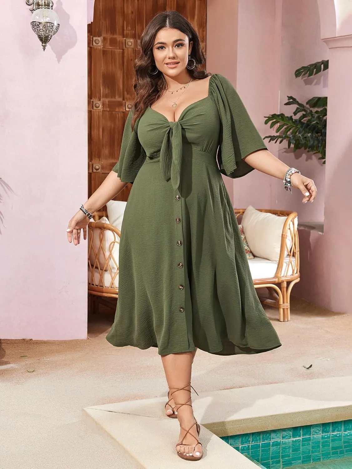 SCOMCHIC Plus Size Summer Dress Casual Short Sleeve Bow Tie Deep V Neck Smocked Button Down Midi Flowy A-line Boho Dresses