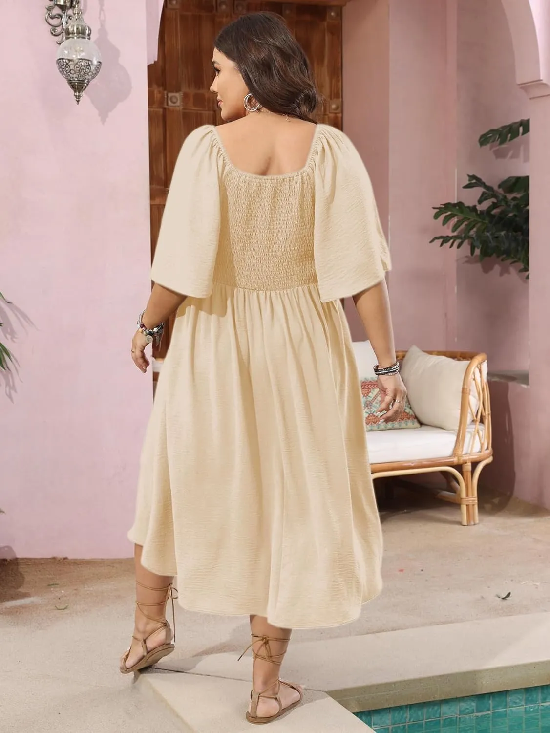 SCOMCHIC Plus Size Summer Dress Casual Short Sleeve Bow Tie Deep V Neck Smocked Button Down Midi Flowy A-line Boho Dresses