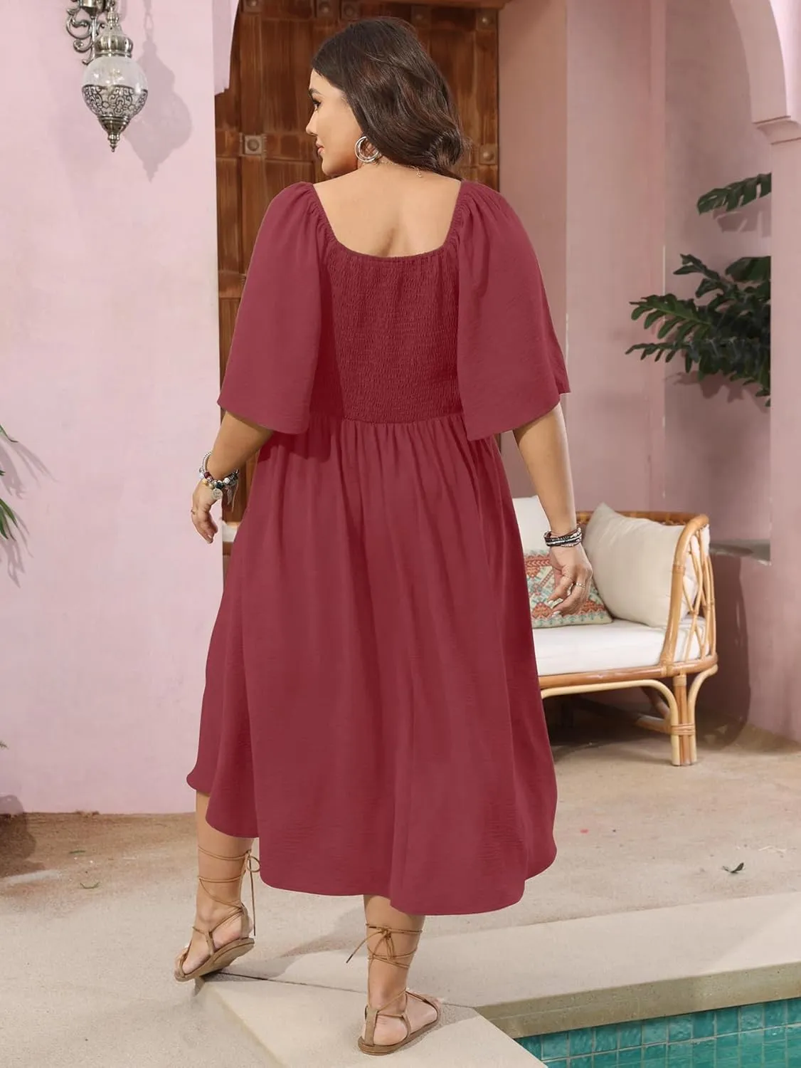 SCOMCHIC Plus Size Summer Dress Casual Short Sleeve Bow Tie Deep V Neck Smocked Button Down Midi Flowy A-line Boho Dresses