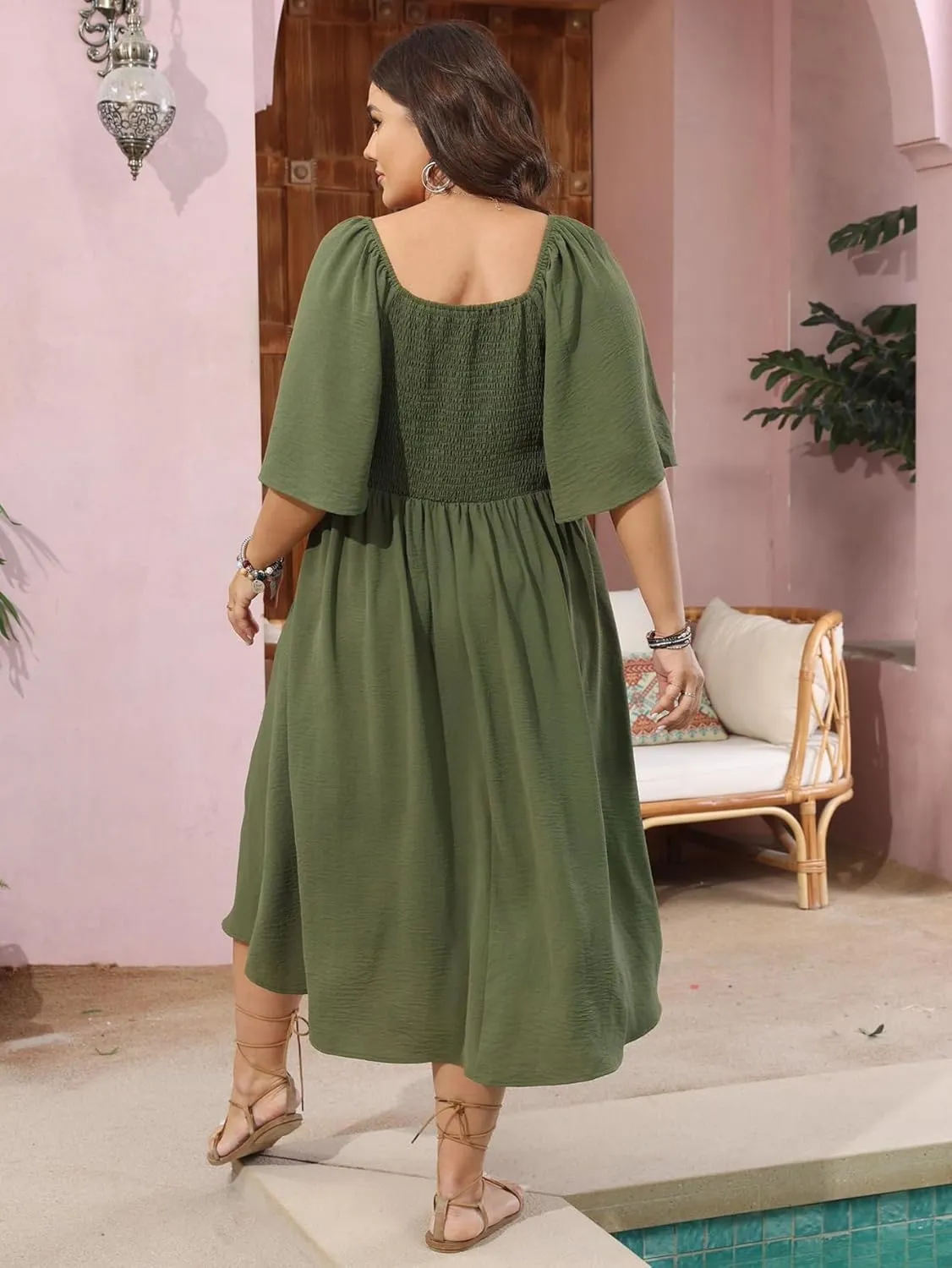SCOMCHIC Plus Size Summer Dress Casual Short Sleeve Bow Tie Deep V Neck Smocked Button Down Midi Flowy A-line Boho Dresses